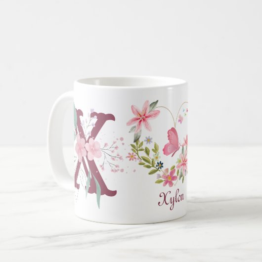 Elegante Waterverf Bloemenvlinder Monogram X Koffiemok (Voorkant links)