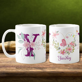 Elegante Waterverf Bloemenvlinder Monogram Y Koffiemok