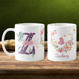 Elegante Waterverf Bloemenvlinder Monogram Z Koffiemok