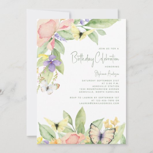 Elegante Waterverf Bloemenvlinder Verjaardagsfeest Kaart (Voorkant)