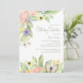 Elegante Waterverf Bloemenvlinder Verjaardagsfeest Kaart (Staand voorkant)