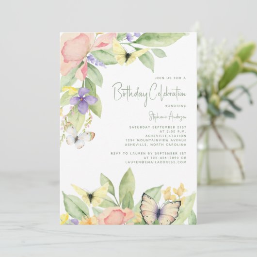 Elegante Waterverf Bloemenvlinder Verjaardagsfeest Kaart (Staand voorkant)