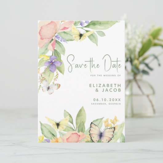 Elegante Waterverf bloemenvlinderbloementuin Save The Date (Staand voorkant)