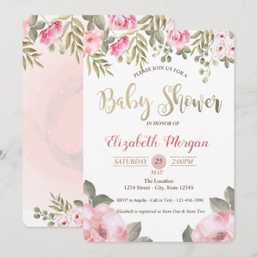 Elegante waterverf bloemige babyshower uitnodiging (Voorkant / Achterkant)