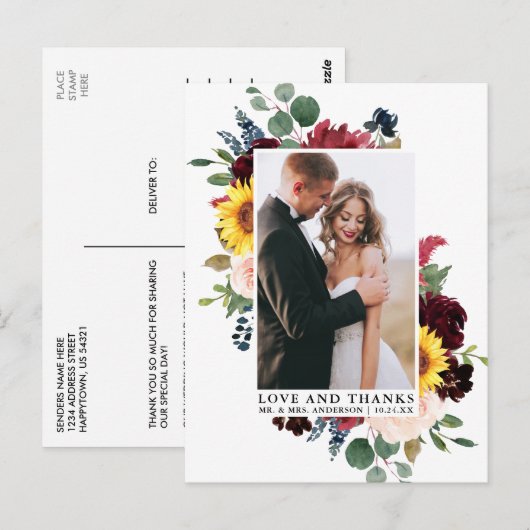 Elegante Waterverf Bloemige Liefde Dankjewel Briefkaart (Voorkant / Achterkant)