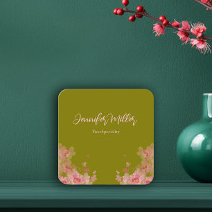 Elegante waterverf bloemige olijfgroen vierkante visitekaartje