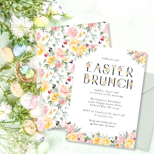 Elegante Waterverf Bloemige Pasen Brunch Kaart