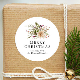 Elegante Waterverf Bloemige Prettig Kerstfeest Ronde Sticker