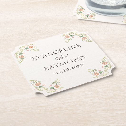 Elegante Waterverf Bloemige Rococo Bruiloft Kartonnen Onderzetters (Gekanteld)