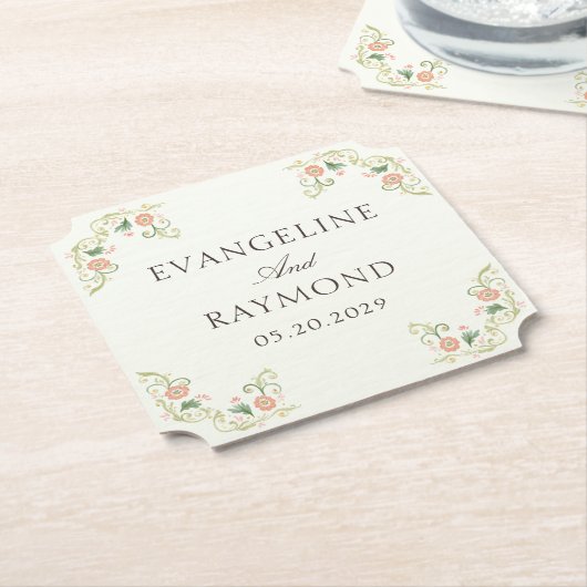 Elegante Waterverf Bloemige Rococo Bruiloft Kartonnen Onderzetters (Gekanteld)
