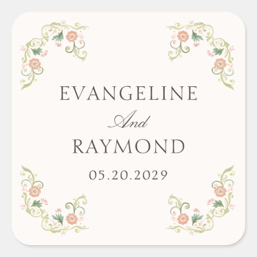 Elegante Waterverf Bloemige Rococo Bruiloft Vierkante Sticker (Voorkant)