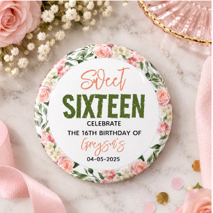 Elegante Waterverf Bloemige Sweet Sixteen Ronde Button 3,2 Cm