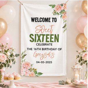 Elegante Waterverf Bloemige Sweet Sixteen Spandoek