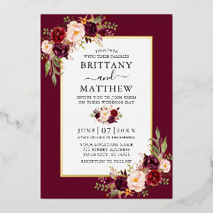 Elegante Waterverf Bloemige Trouw Burgundy Goud Folie Uitnodiging