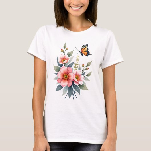 Elegante Waterverf bloemige vlinders T-shirt (Voorkant)