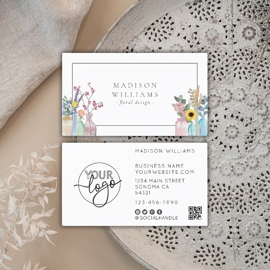 Elegante Waterverf Bloemist Logo QR Code Visitekaartje
