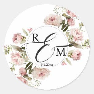 elegante waterverf bloemrozen monogram bruiloft  ronde sticker