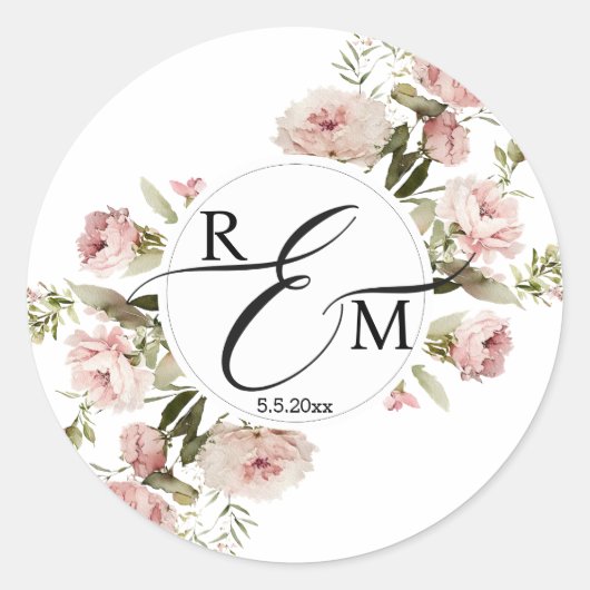 elegante waterverf bloemrozen monogram bruiloft ronde sticker (Voorkant)