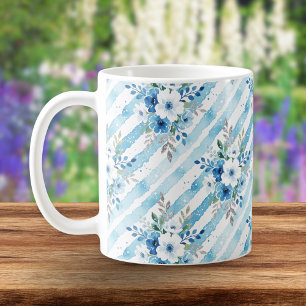 Elegante Waterverf Bloemstreep Blauw Cottagecore Koffiemok