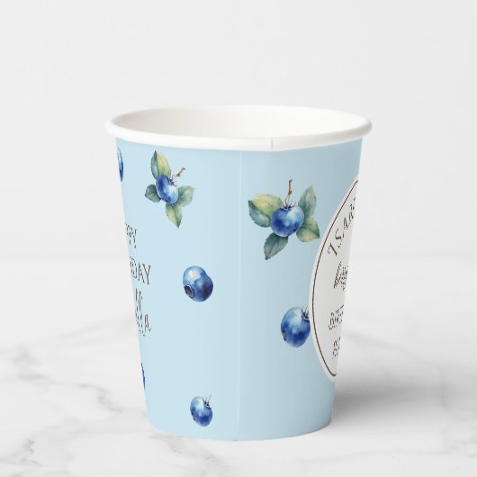 Elegante Waterverf Blue Berry Eerste Verjaardagsfe Papieren Bekers (Rechts)