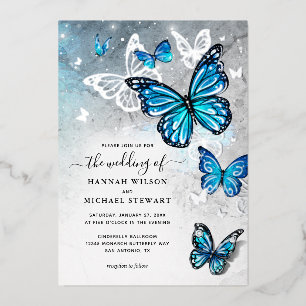 Elegante Waterverf Blue Butterfly Wedding Real Folie Uitnodiging