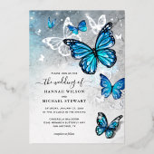 Elegante Waterverf Blue Butterfly Wedding Real Folie Uitnodiging (Voorkant)