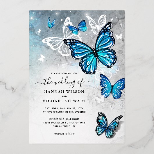 Elegante Waterverf Blue Butterfly Wedding Real Folie Uitnodiging (Voorkant)