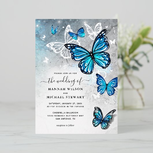 Elegante Waterverf Blue Butterfly Wedding Real Folie Uitnodiging (Staand Voorkant)