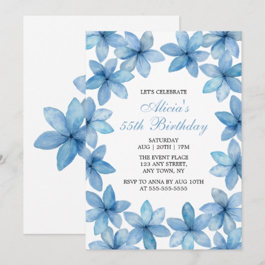 Elegante Waterverf Blue Flower Alle leeftijden Ver Kaart (Voorkant / Achterkant)