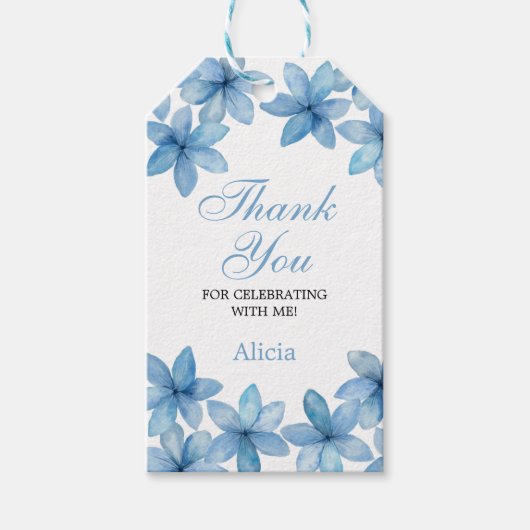 Elegante Waterverf Blue Flower Birthday Dank u Cadeaulabel (Voorkant)