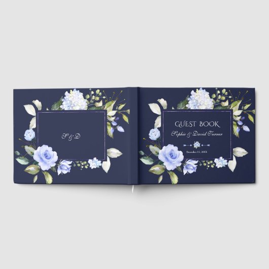 Elegante Waterverf Blue Flowers Lijst Navy Wedding Gastenboek (Volledig)