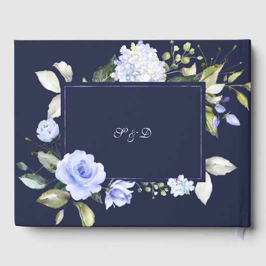 Elegante Waterverf Blue Flowers Lijst Navy Wedding Gastenboek (Achterkant)
