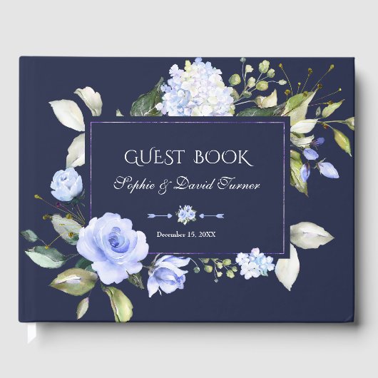 Elegante Waterverf Blue Flowers Lijst Navy Wedding Gastenboek (Voorkant)