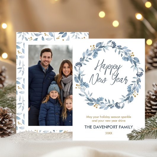 Elegante Waterverf Blue Greenery Krans Foto Feestdagenkaart