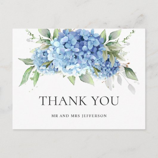Elegante Waterverf Blue Hydrangea Eenvoudig dank u Briefkaart (Voorkant)