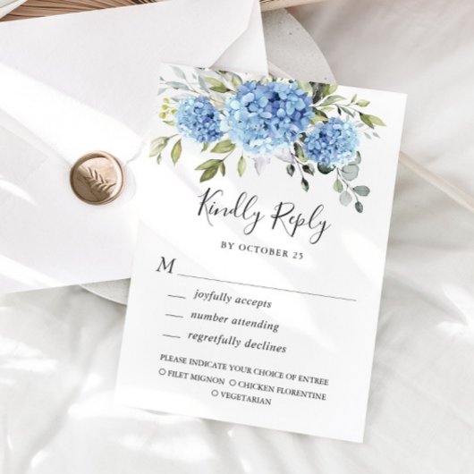 Elegante Waterverf Blue Hydrangea Flowers Bruiloft RSVP Kaartje