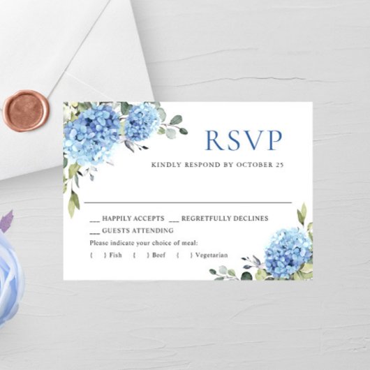 Elegante Waterverf Blue Hydrangea Flowers Bruiloft RSVP Kaartje