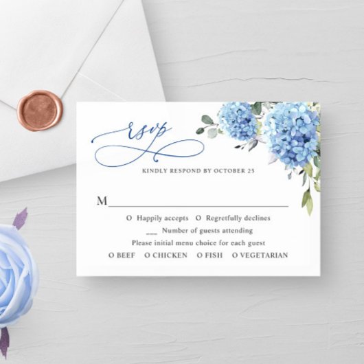 Elegante Waterverf Blue Hydrangea Flowers Bruiloft RSVP Kaartje