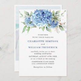 Elegante Waterverf Blue Hydrangea foto bruiloft Kaart