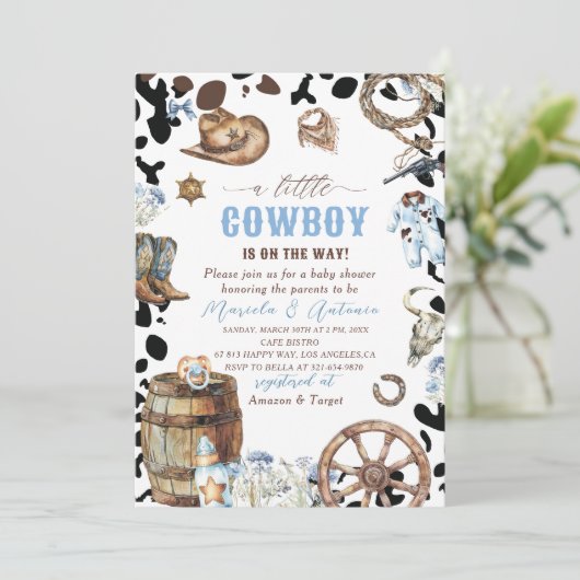 Elegante Waterverf Blue Little Cowboy Baby shower Kaart (Staand voorkant)
