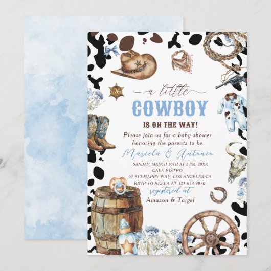 Elegante Waterverf Blue Little Cowboy Baby shower Kaart (Voorkant / Achterkant)