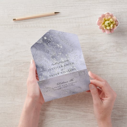 Elegante Waterverf Blue Silver Glitter All In One Uitnodiging (VideoVideo)