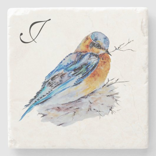 Elegante Waterverf Bluebird Monogram Stenen Onderzetter (Voorkant)