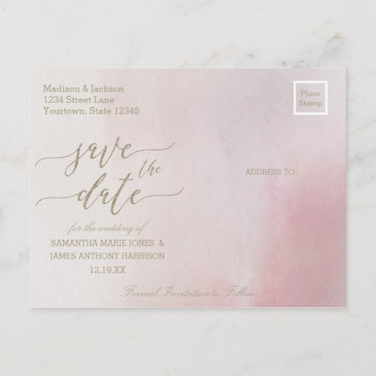 Elegante Waterverf Blush Bruiloft Save the Date Aankondigingskaart (Achterkant)