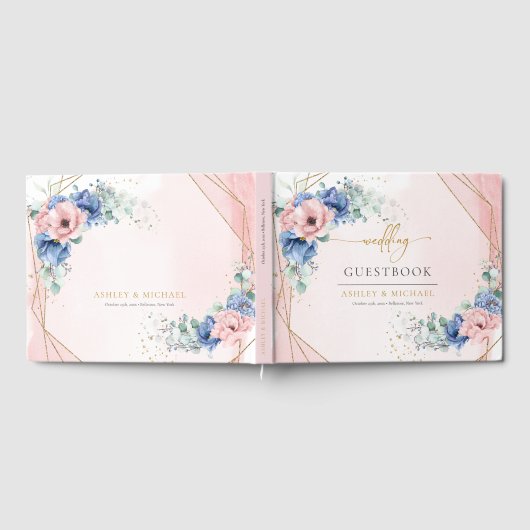 Elegante waterverf blush en blauw bloemengroen gastenboek (Volledig)