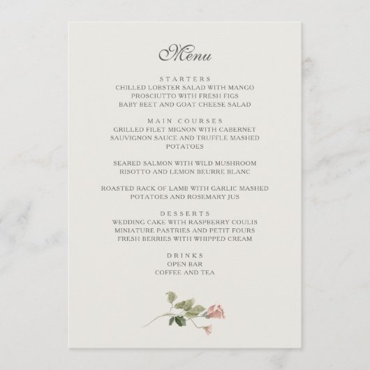 Elegante Waterverf Blush Garden Roze Rose Bruiloft Menu (Voorkant)