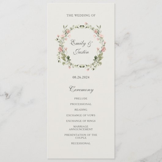 Elegante Waterverf Blush Garden Roze Rose Bruiloft Programmakaart (Voorkant)