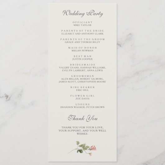 Elegante Waterverf Blush Garden Roze Rose Bruiloft Programmakaart (Achterkant)