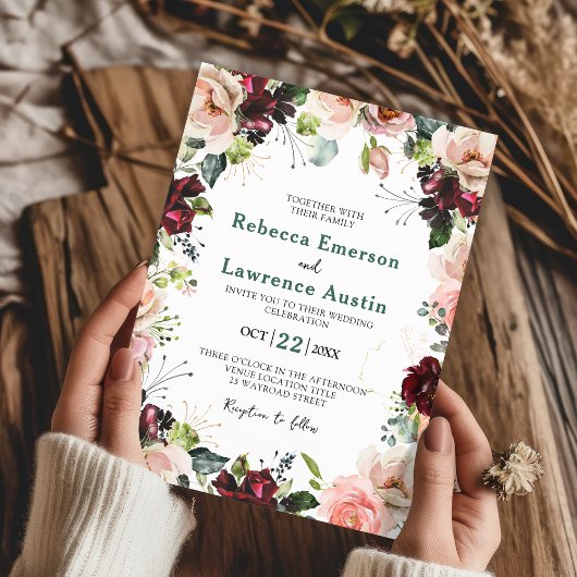 Elegante waterverf blush rode huwelijksuitnodiging kaart