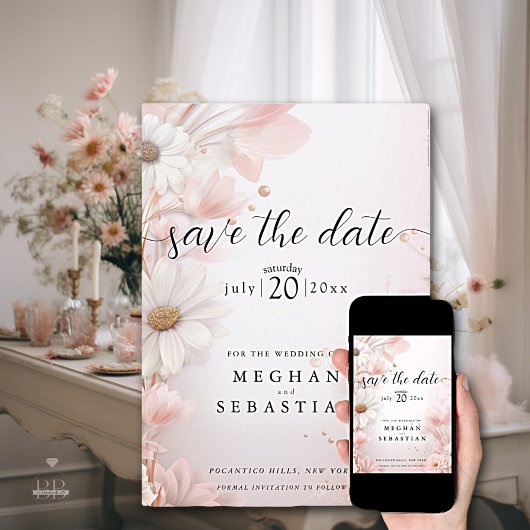 Elegante Waterverf Blush Roze Daisies Save The Date
